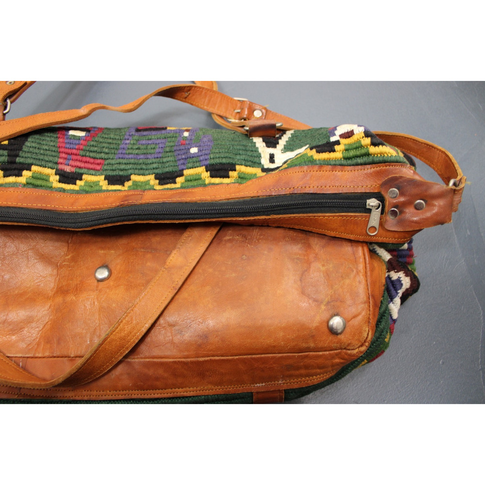 Vintage Handmade Woven Tote Bag Leather Trim Boho Guatemala Alpaca Wool Travel - Picture 11 of 14